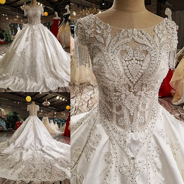 Royal White Scoop Satin Hollow Applique Beads Ball Gown Wedding Dresses Bridal Dresses Events Dresses Custom Size 6 8 10 12 W307157