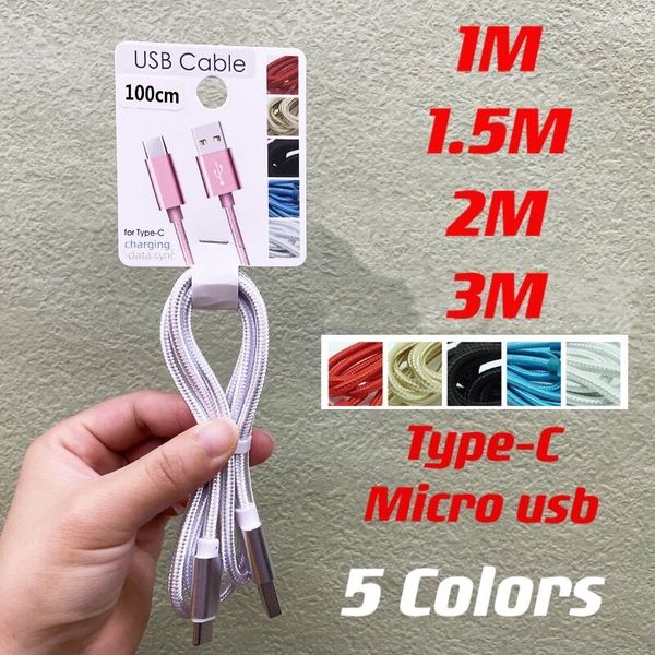Aluminium Alloy Fabric braided Type-C cables 1M 3FT 1.5M 2m 6Ft 3m 10Ft micro V8 5pin usb data charging cable for moblie phone