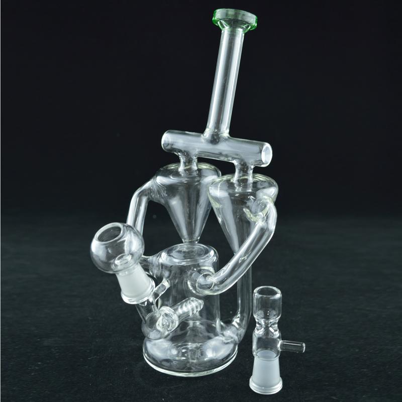 "The Twincycler" Double Chambered Dual Recycler Water Pipes with Inline Perc 9" Green Double Recycler Bong Free Dome and Nail Dual Hookahs