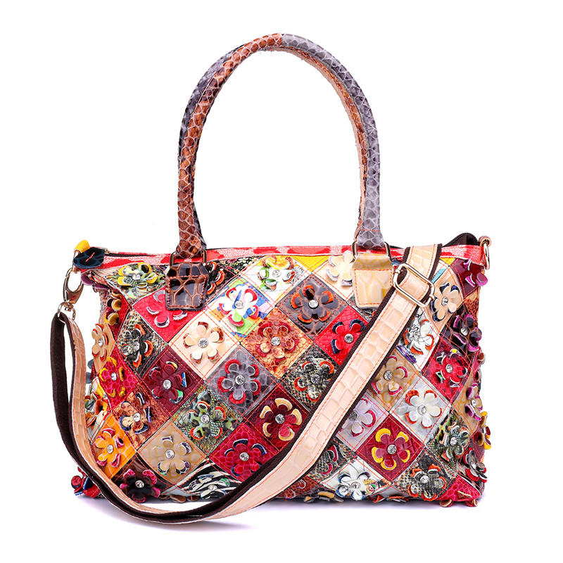 Women Genuine Leather Flower Patchwork Shoulder Bag Handbag