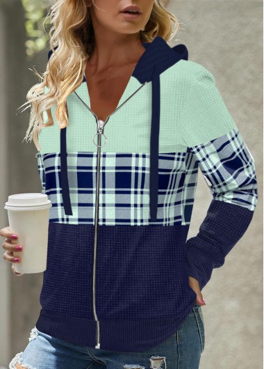 Mint Green Plus Size Zipper Plaid Hoodie