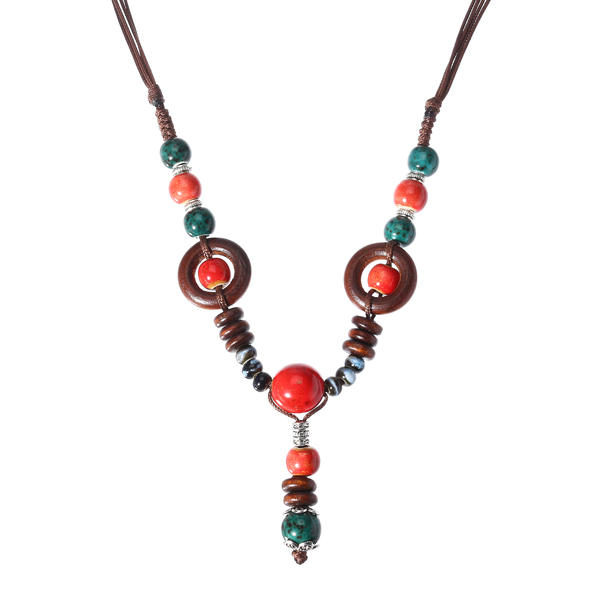 Vintage Beaded Pendant Ethnic Ceramics Beads Long Necklace