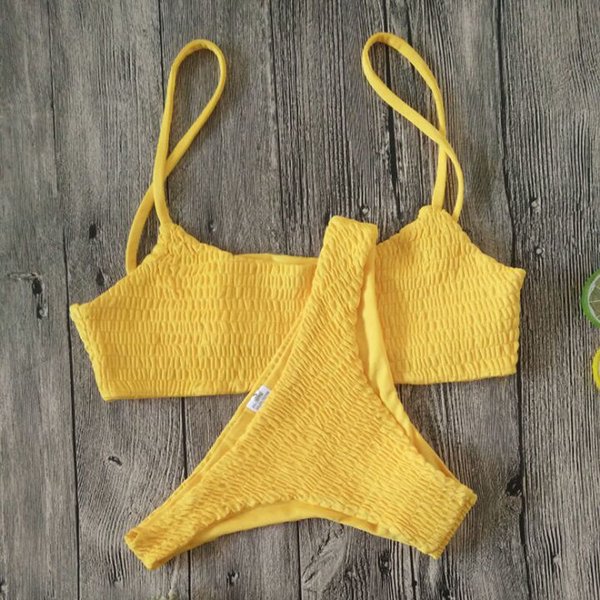 Yellow Ruffles Crochet Sexy Bikini Set Textile Women Push-up Padded Bra Biquini Swimsuit Triangle Swimwear Bathing Suit Mujer