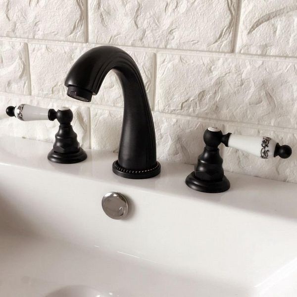 Bathroom Sink Faucets Black Oil Rubbed Bronze Double Handles 3 Holes Install Widespread Deck Mounted Basin Faucet Mixer Tap Mhg060