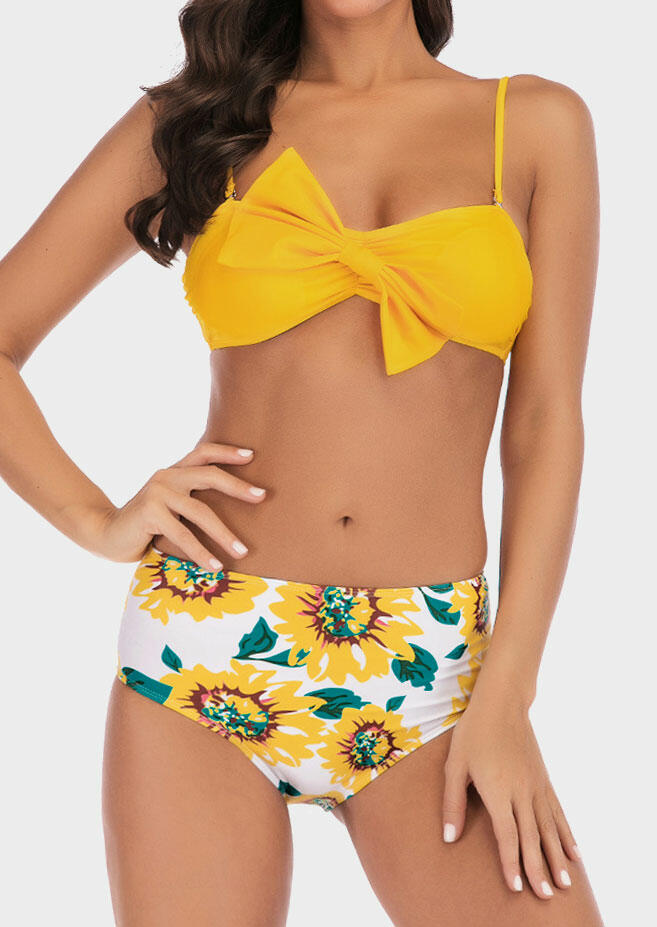 Sunflower Bowknot Adjustable Strap Bikini Set - Yellow