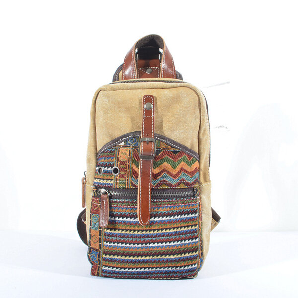 Men Women Casual Ethnic Style Canvas Genuine Leather Backpack