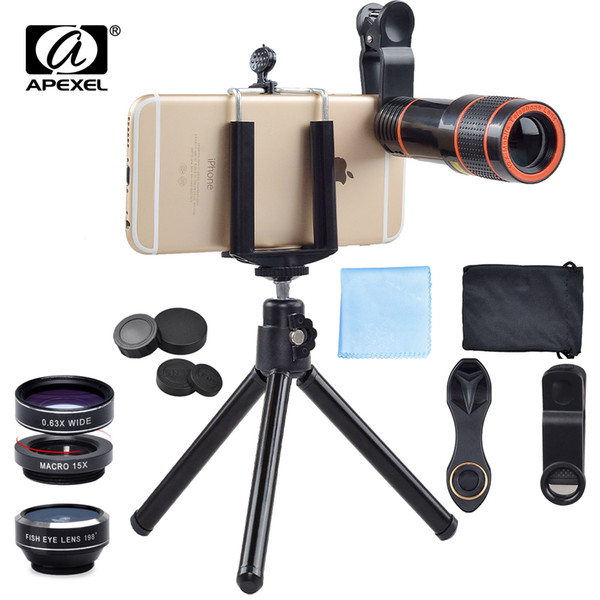 APEXEL 6IN1 Phone Camera es Kit 12X Telephoto Zoom Lentes+Tripad Clips+Wide Angle Macro Fisheye For Cell Phone iPhone lens