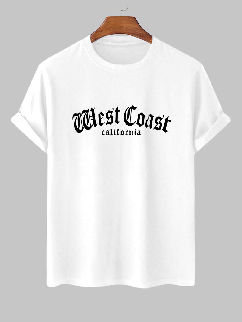 ZAFUL Men's Letter West Coast California Graphic Printed Short Sleeve T-shirt L White