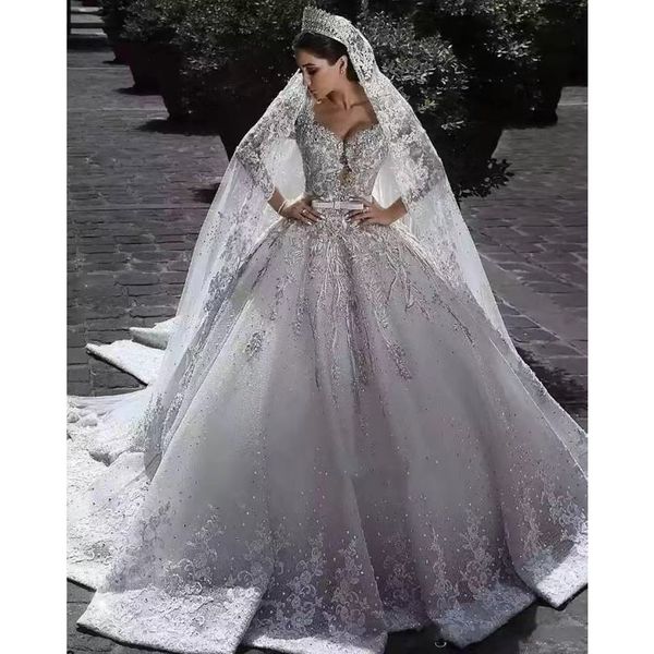 Arabic Dubai Wedding Dress Gorgeous Long Sleeve crystal 2023 Mermaid Lace Detachable Train luxury Bridal Gowns plus size vestido de noiva