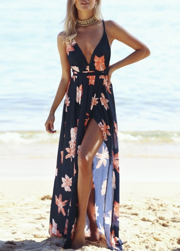 New Sexy Women Maxi Dress Floral Print Deep V Split Bandage Backless Beach Holiday Long Slip Dress Dark Blue