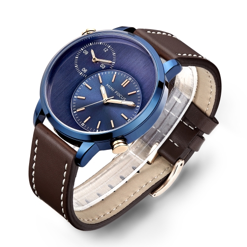 MINI FOCUS Fashion Genuine Leather Dual Display Men Watches Dual Quartz 3ATM Water-resistant Luminous Casual Man Wristwatch