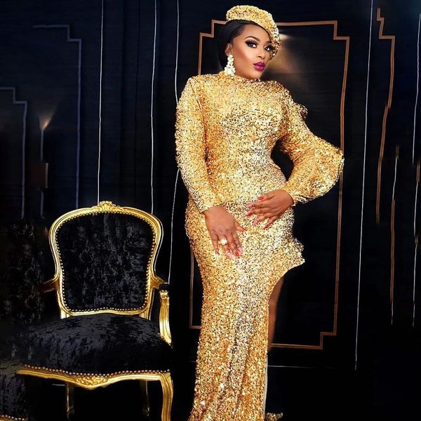 gold Mermaid Evening Dresses One Shoulder Sequins side split Prom Dress Custom Made Ruffles Glitter Celebrity Party Gown