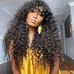 Remy Human Hair Wig Curly With Bangs Natural Black Capless Brazilian Hair Women's Natural Black #1B 8 inch 10 inch 12 inch Party / Evening Daily Wear Vacation Lightinthebox