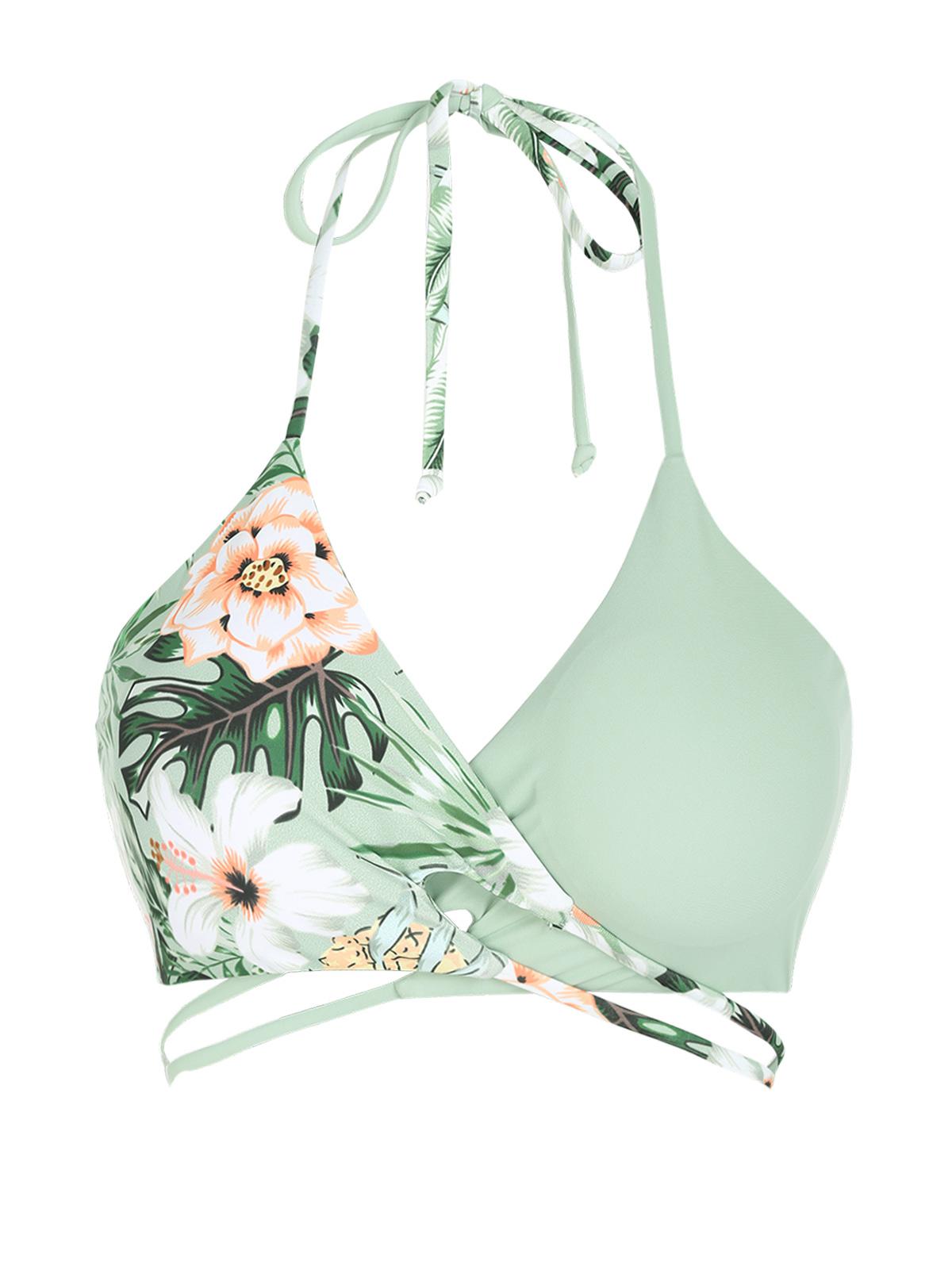 Floral Leaves Print Floss Bikini Top S Green