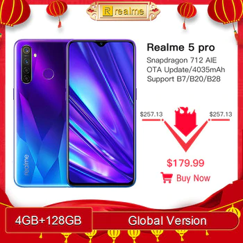Global Version Realme 5 Pro 4GB RAM 128GB Mobile Phone Snapdragon 712AIE 48MP Quad Camera Smartphone 4035mAh Fast Charger