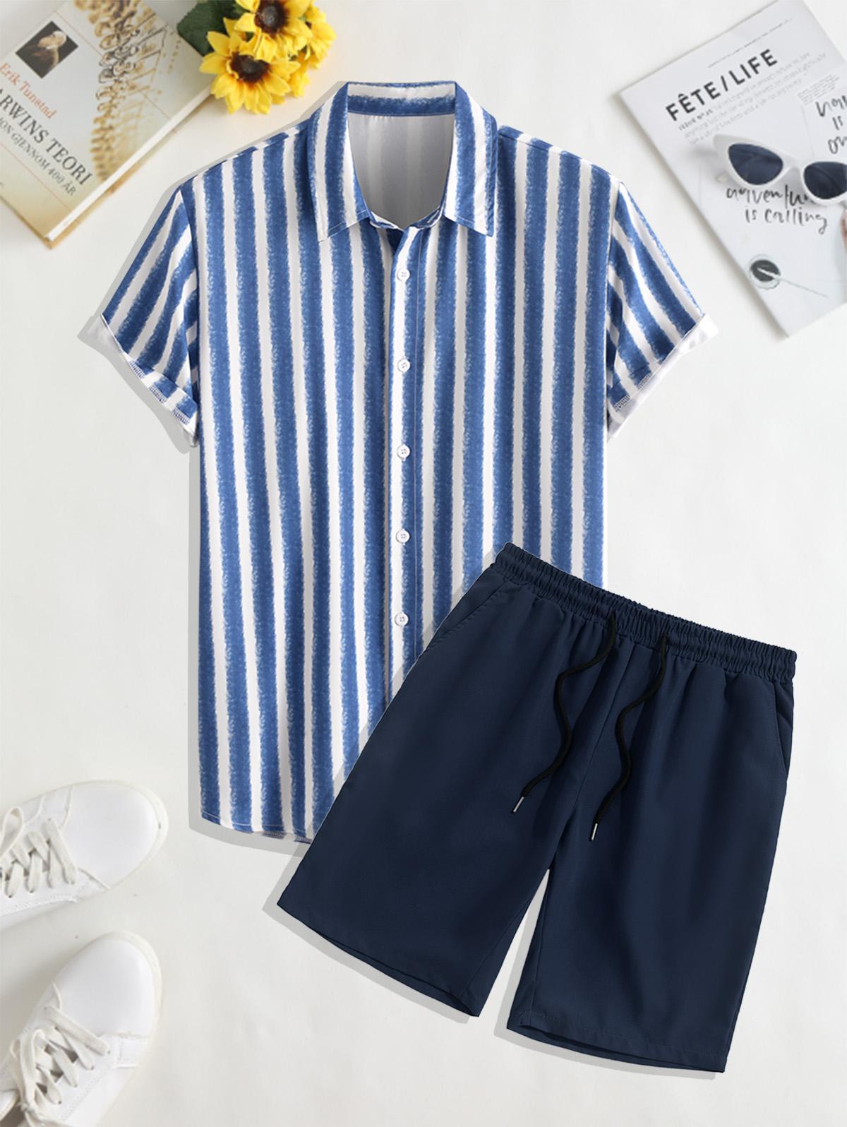 ZAFUL Men's Watercolour Striped Pattern Short Sleeves Shirt with Basic Casual Shorts Set Blue