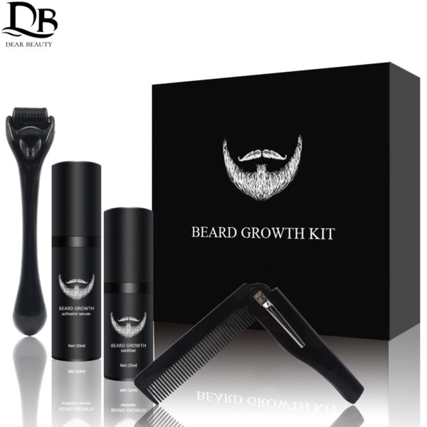 4 Pcs/set Men Beard Growth Kit Hair Growth Enhancer Thicker Oil Nourishing Leave-in Conditioner Beard Grow Set with Comb RollerS