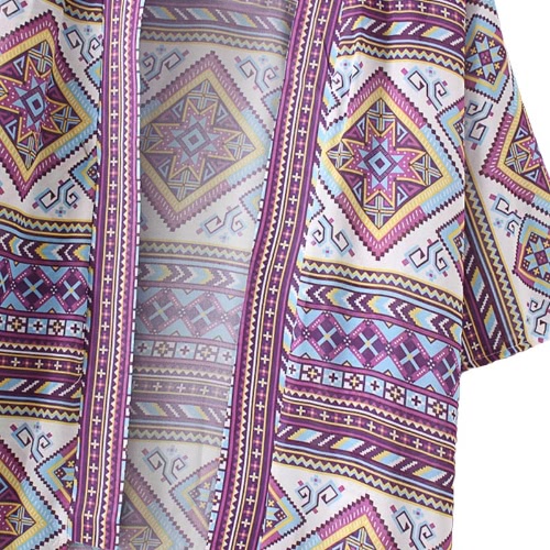 New Fashion Women Chiffon Kimono Cardigan Geometric Print Loose Bohemian Outerwear Beach Cover Up Purple