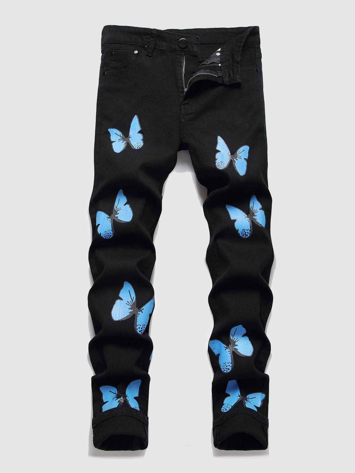 ZAFUL Men's Butterfly Pattern Straight Leg Jeans 34 Black