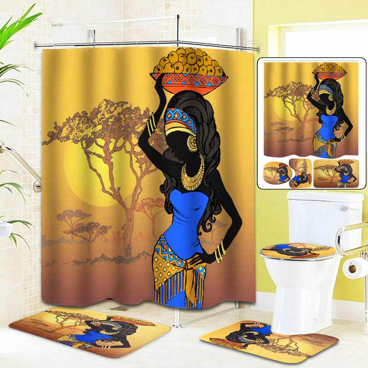 Exotic African Girls Bathroom Shower Curtain Toilet Cover Mat Non Slip Rug