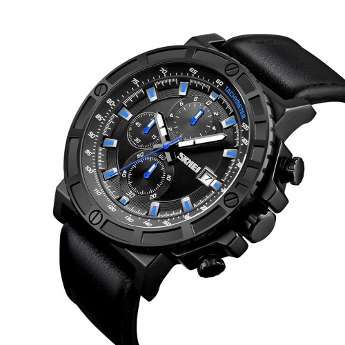 SKMEI Sport Genuine Leather Men Watch 3ATM Water-resistant Quartz Man Wristwatch Male Chronograph
