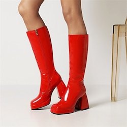 Women's Boots Costume Shoes Heel Boots Go Go Boots Daily Knee High Boots Mid Calf Boots Chunky Heel Round Toe PU Zipper Solid Colored Black White Red Lightinthebox