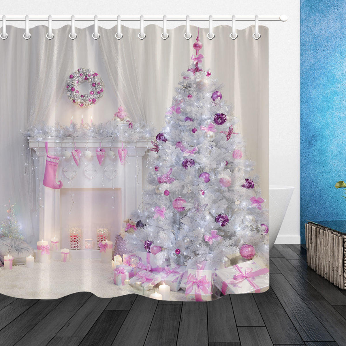 Christmas Tree Interior Xmas Fireplace in Pink Decorated Indoors Shower Curtain Bathroom Sets With Mat Bathroom Fabric F