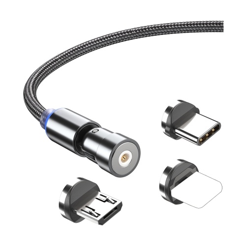 Câble de charge magnétique 3-en-1 Cordon de charge tressé en nylon avec lumière LED Compatible avec les appareils iOS/Micro USB/Type-C