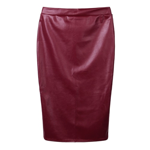 Europa mujeres Sexy falda PU cuero Color sólido Midi lápiz faldas OL Casual Slim Clubwear Borgoña