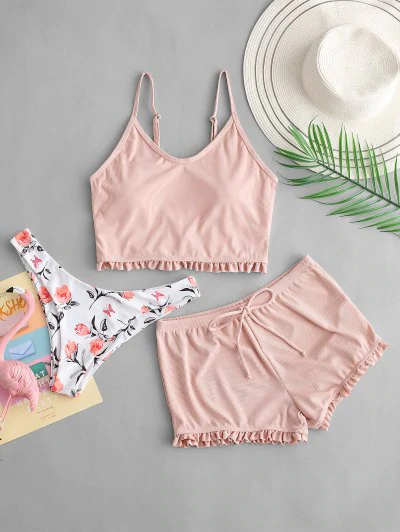 ZAFUL Frilled Floral Ribbed Three Piece Tankini Swimsuit