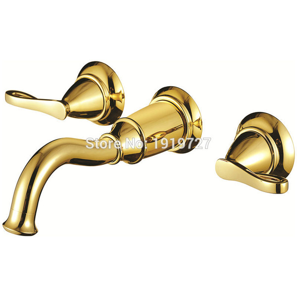 unique classic 3 hole wall sink basin tap bathroom spout faucet with double lever in polished gold included valve