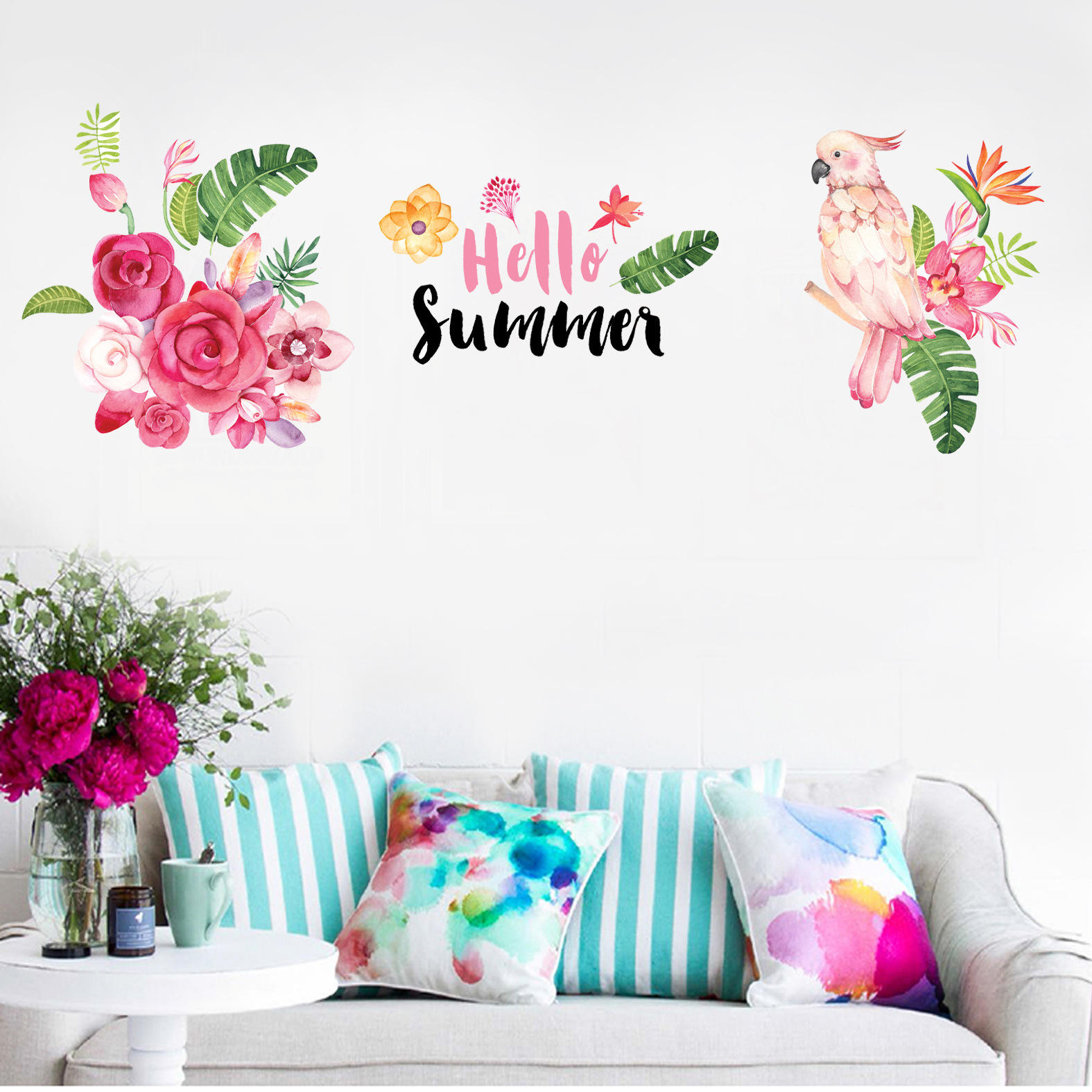 Miico Creative Colorful Summer Parrot Flowers PVC Removable Home Room Decorative Wall Door Decor Sticker