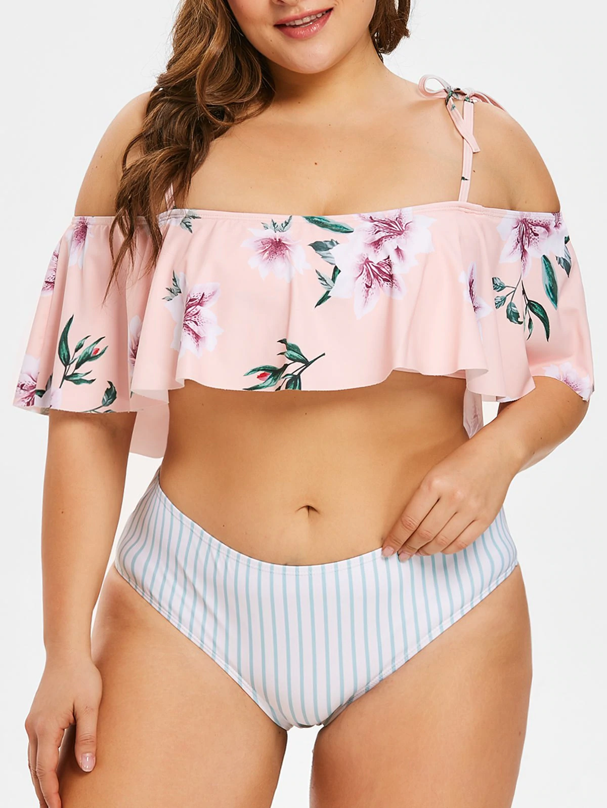 Flounce Plus Size Flower Striped Bikini Set