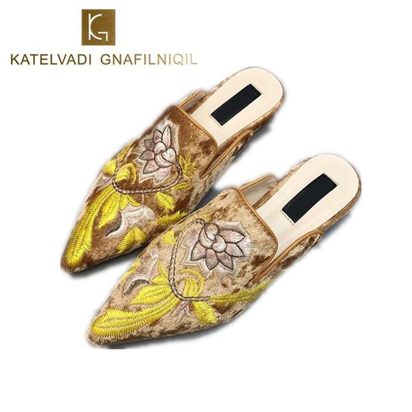 Embroider Women Mules Brown Slippers Woman Slip On Pointed Toe Flats Slipper Shoes Fashion Ladies Slides K-204