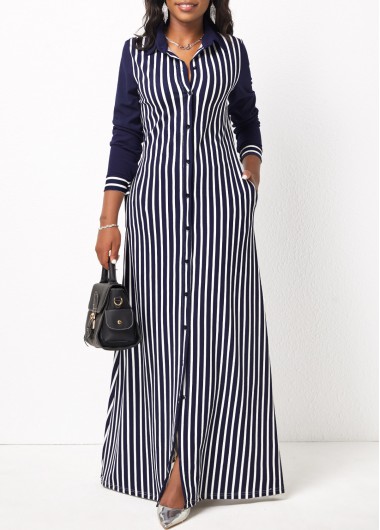 Striped Long Sleeve White Pocket Maxi Dress