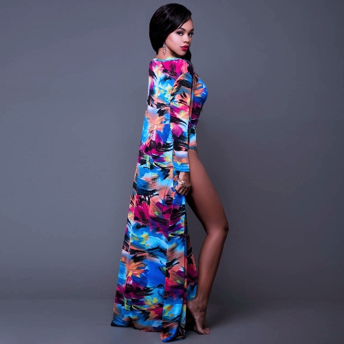 Sexy Women Floral Paint Two Piece Set One Shoulder Swimsuit Long Sleeve Beach Cover Up Bathing Suits Blue