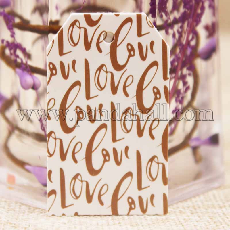 Paper Gift Tags, Hange Tags, For Arts and Crafts, Valentine's Day, Rectangle with Word Love, White, 50x30x0.4mm, Hole: 3mm