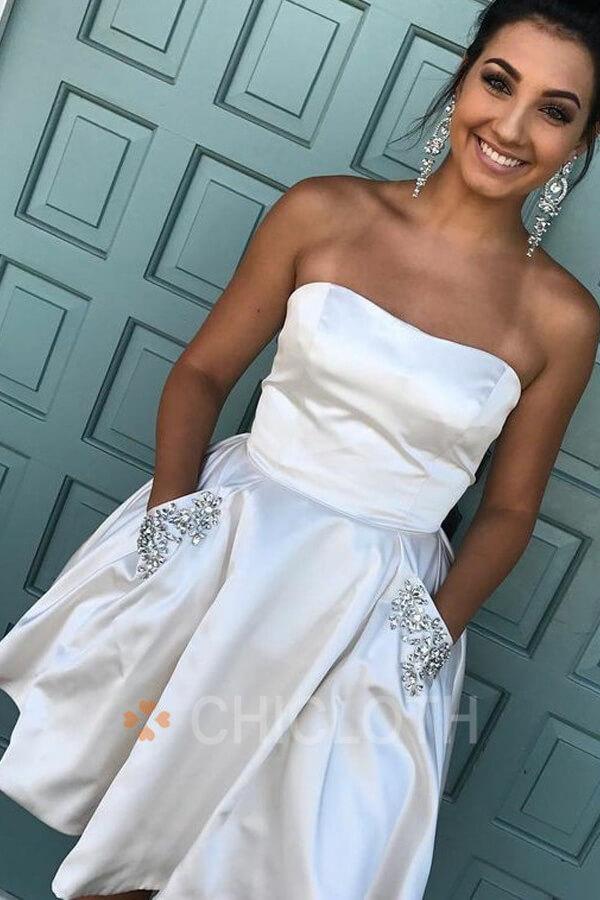 A-Line Strapless Short White Satin Homecoming Dress with Beading Pockets-Cheap Casual Dresses