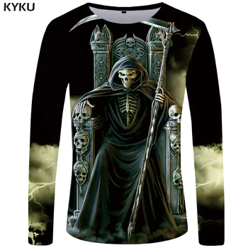 KYKU Brand Skull Long sleeve T shirt Men grim Reaper Tshirt Gothic 3d T-shirt Funny T shirts Punk Rock Mens Clothing Summer tops