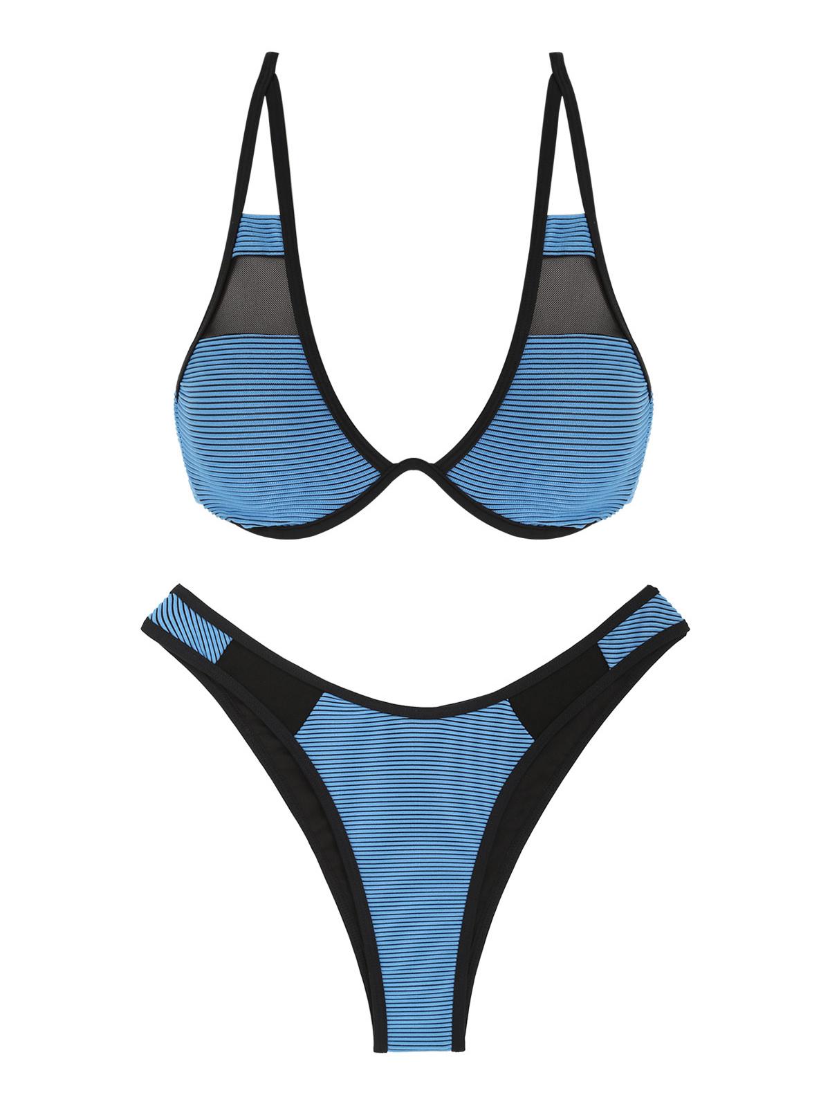 ZAFUL Bikini de Corte Alto con Textura Panel de Malla L Azul