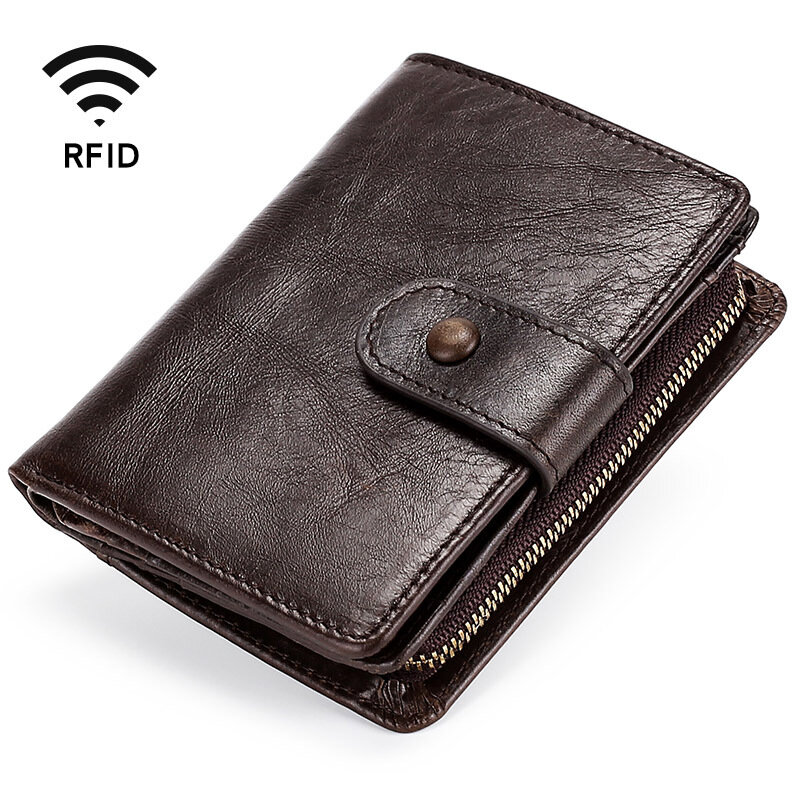 Men Vintage Genuine Leather RFID Blocking Zipper Wallet
