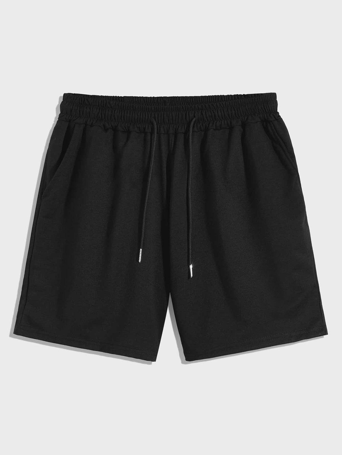 Solid Color Drawstring Sweat Shorts M Black