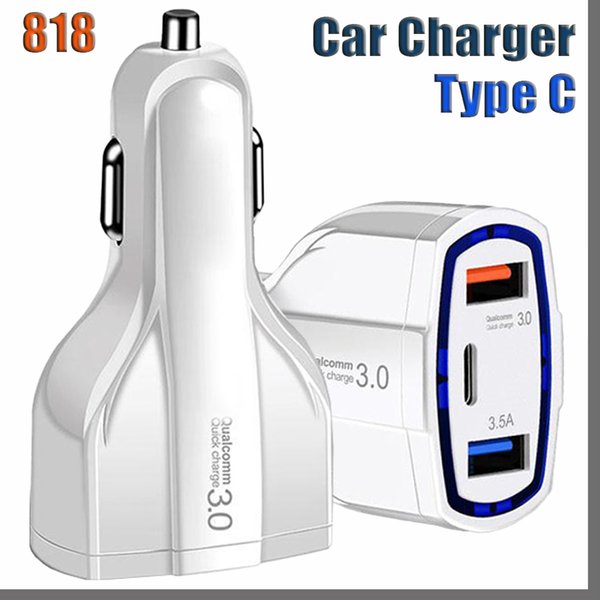 818DD 3-Port Car Charger 3.5A USB QC3.0 Type-C Fast Charging for iPhone Xiaomi Samsung Mini Quick Chargers Vehicle Adapter without Package