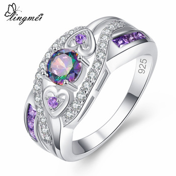 lingmei Dropshipping Fashion Women Wedding Jewelry Oval Heart Design Multicolor & Purple White CZ Silver 925 Ring Size 6 7 8 9