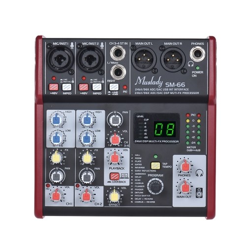 Muslady SM-66 Portable 4-Channel Sound Card Mixing Console Mixer Built-in 16 Effects with USB Audio Interface Supports 5V Power Bank for Recording DJ Network Live Broadcast Karaoke
