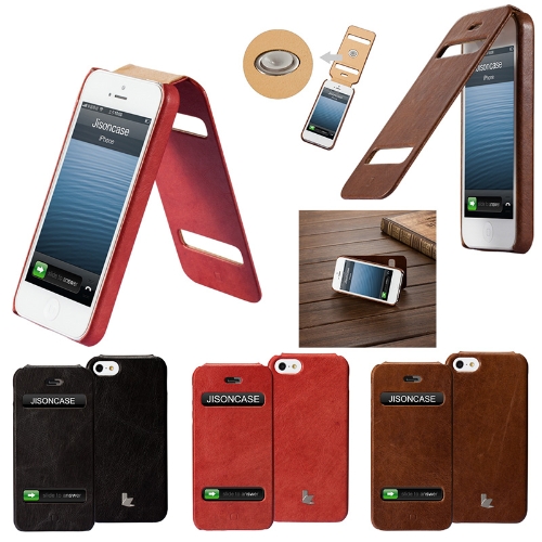 Jisoncase Genuine Leather Flip Etui Housse pour iPhone 5