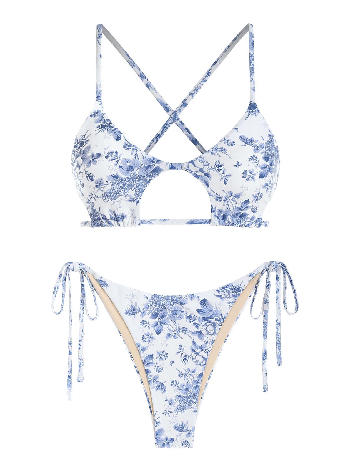 ZAFUL Tie Side Floral Criss Cross Star-shaped Bikini Swimwear M Light blue