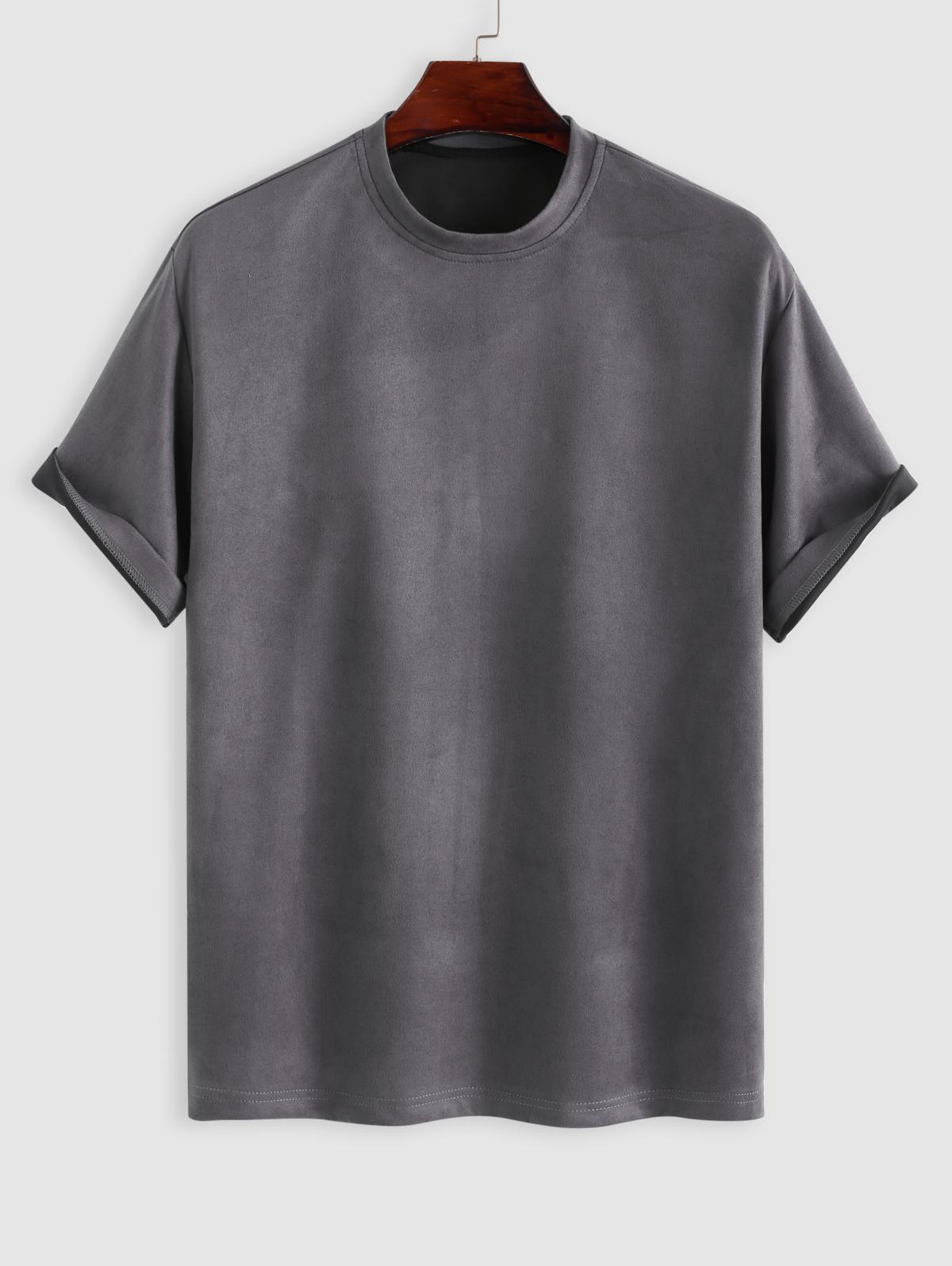 ZAFUL Men's Retro Faux Suede Fabric Plain Short Sleeves T Shirt L Gray