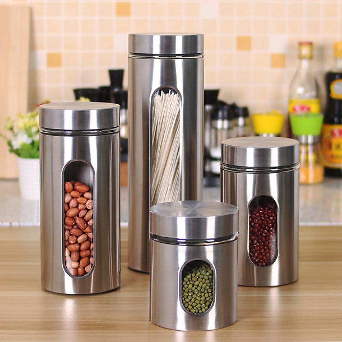 Stainless Steel Storage Jar Tea Coffee Sugar Kitchen Glass Canister Container Kitchen Storage Container