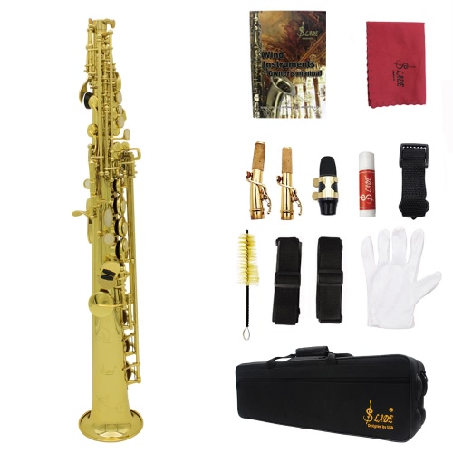 LADE Soprano Saxophone SAX Bb Brass Lacquered Gold Body and Keys with Lubricating Cork Grease